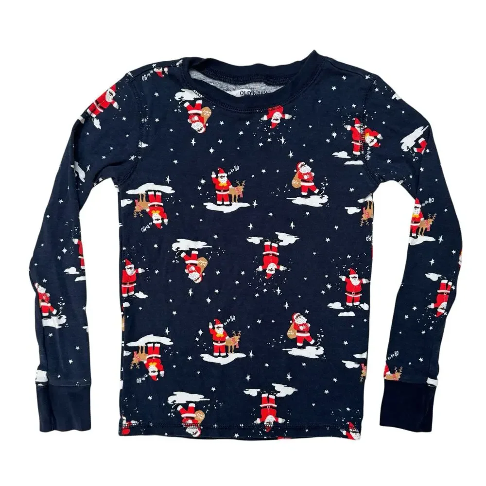OLD NAVY Blue Brown Black Santa Pajama Top Size 8 Unisex 100% Cotton Christmas